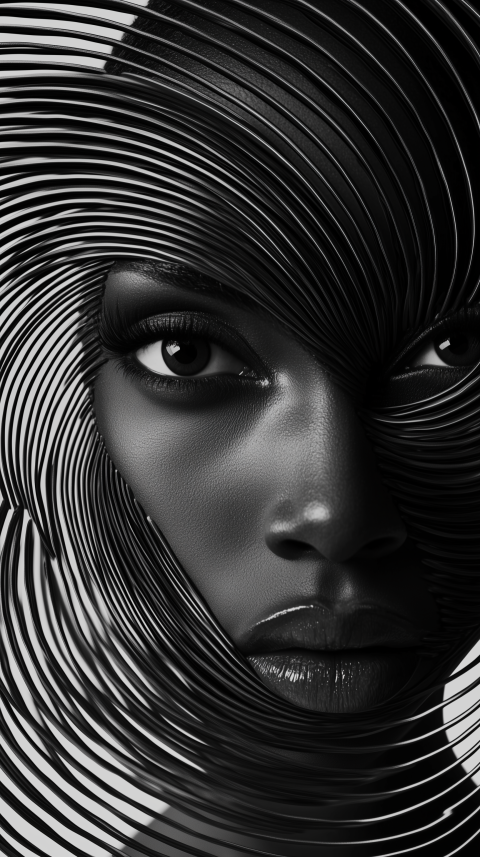 Abstract Black and White Close-Up of Woman's Face with Artistic Lines