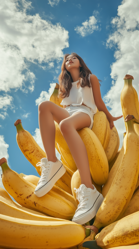 Woman Sitting on Giant Bananas under Blue Sky