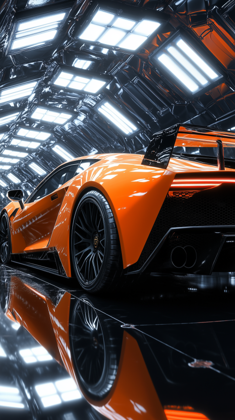 Orange Sports Car in Futuristic Illuminated Tunnel