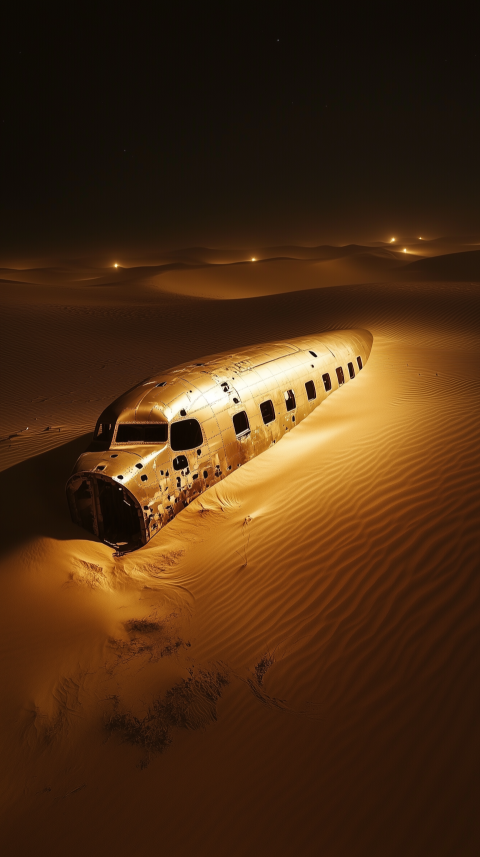 Abandoned Airplane Fuselage in Desert at Night