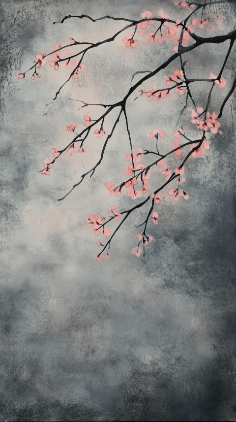 Cherry Blossoms in Misty Gray Watercolor Art