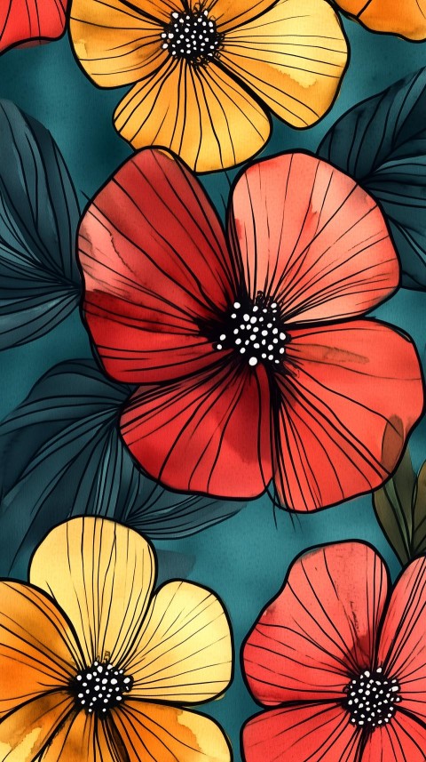 Bold Tropical Flowers on Bright Teal Background