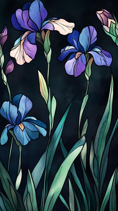 Mysterious Irises on Inky Black Background