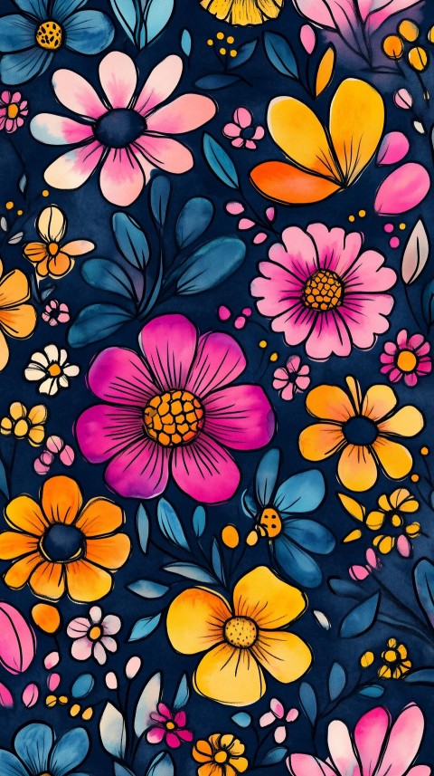 Whimsical Neon Flowers on Deep Indigo Background