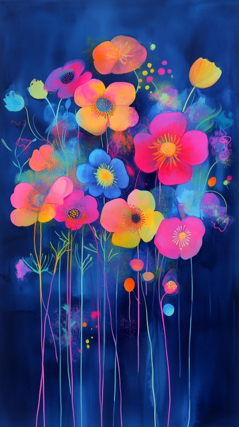 Bright Neon Flowers on Deep Indigo Background