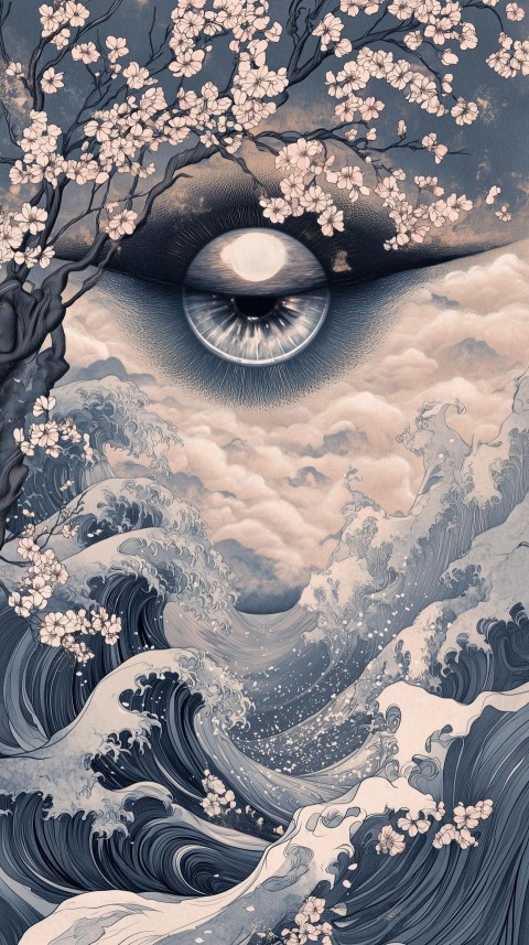 Mystical Eye with Cherry Blossoms in Landscape