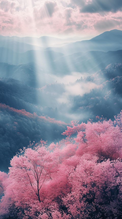 Misty Pastel Mountains with Sakura Trees