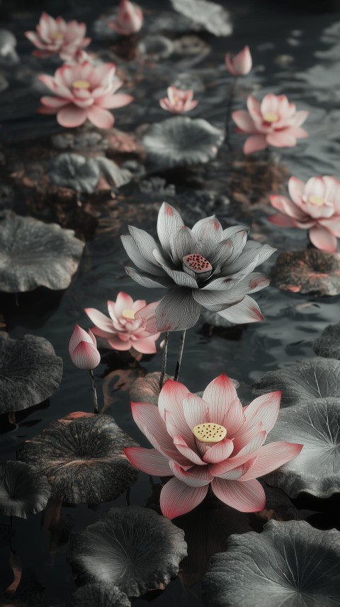 Oversized Lotus Flowers on Charcoal Lake