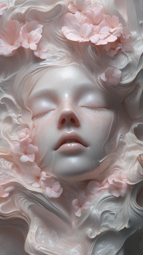 Serene Floating Face with Dreamlike Flowers