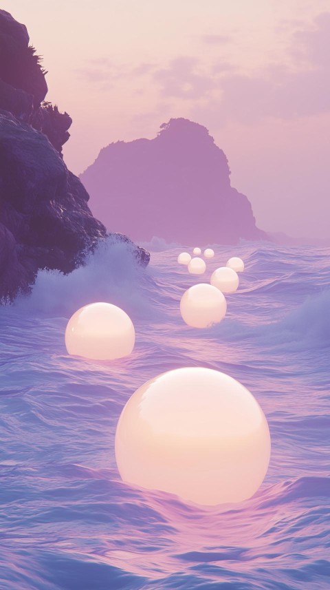 Misty Ocean with Glowing Orbs and Island