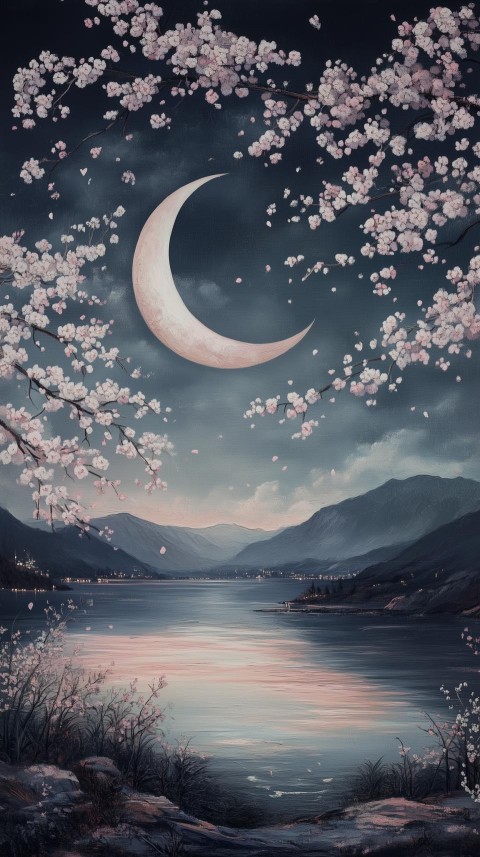 Crescent Moon and Cherry Blossoms by Lake