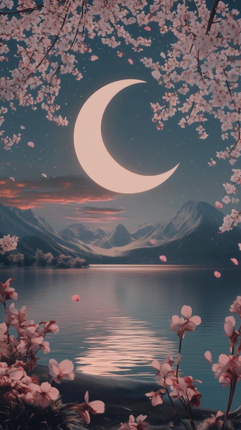 Serene Crescent Moon with Cherry Blossoms