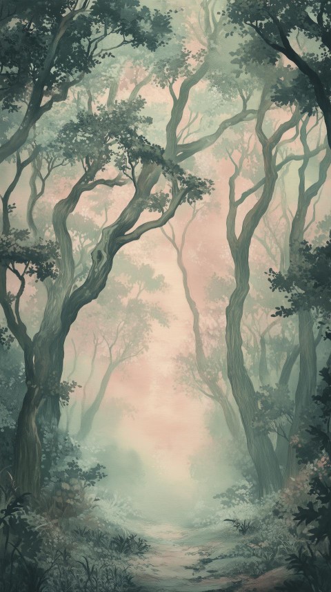 Dreamy Forest with Flowing Branches and Fog