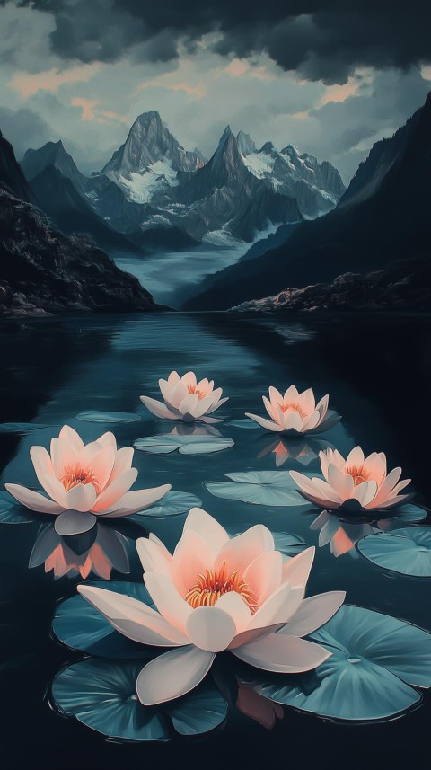 Serene Lakeside with Stylized Water Lilies