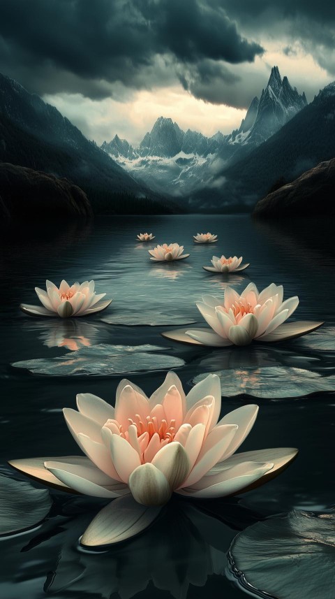 Lakeside with Water Lilies and Abstract Mountains