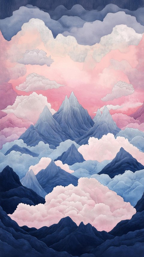 Stylized Mountain Dreamscape with Glowing Clouds