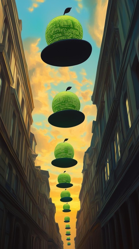 Surreal Street with Glowing Green Apples