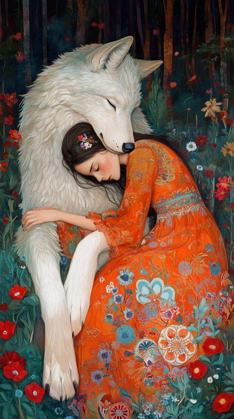 Whimsical Woman Resting on Floral Wolf