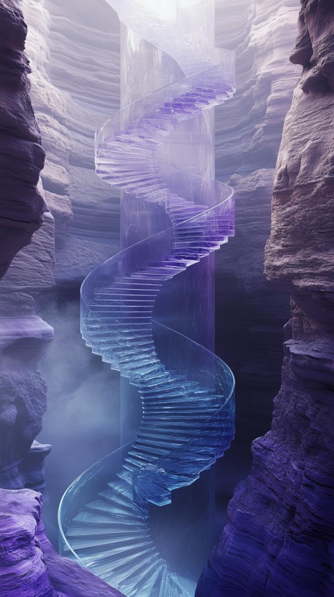 Surreal Glass Staircase in Foggy Desert