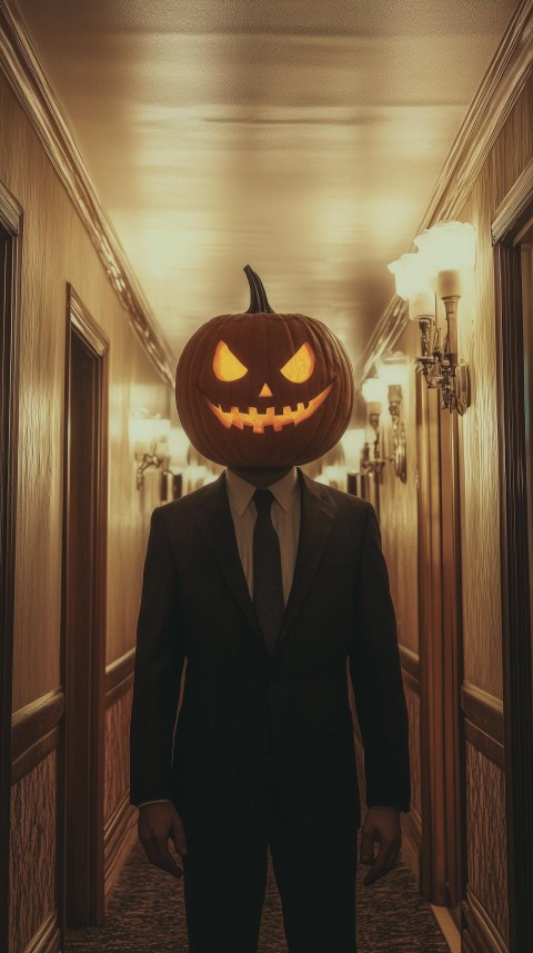 Cinematic Pumpkin Man in Vintage Hotel Corridor