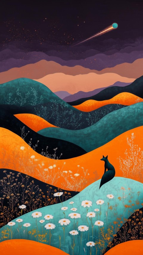 Colorful Hills and Fox in Surreal Landscape