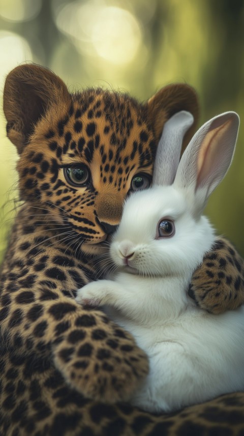 Leopard Cub Cuddling Baby Rabbit