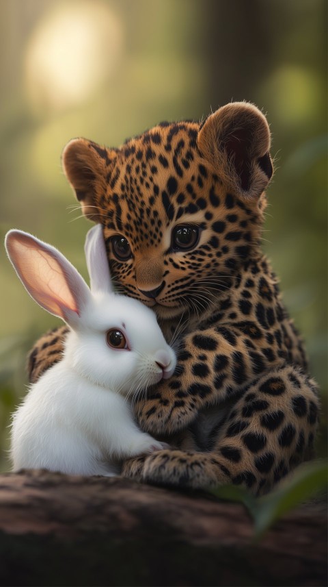 Leopard Cub and Rabbit in Gentle Embrace