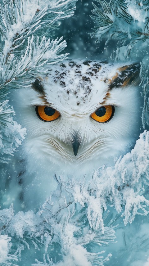 Snowy Owl Watching Through Winter Pines