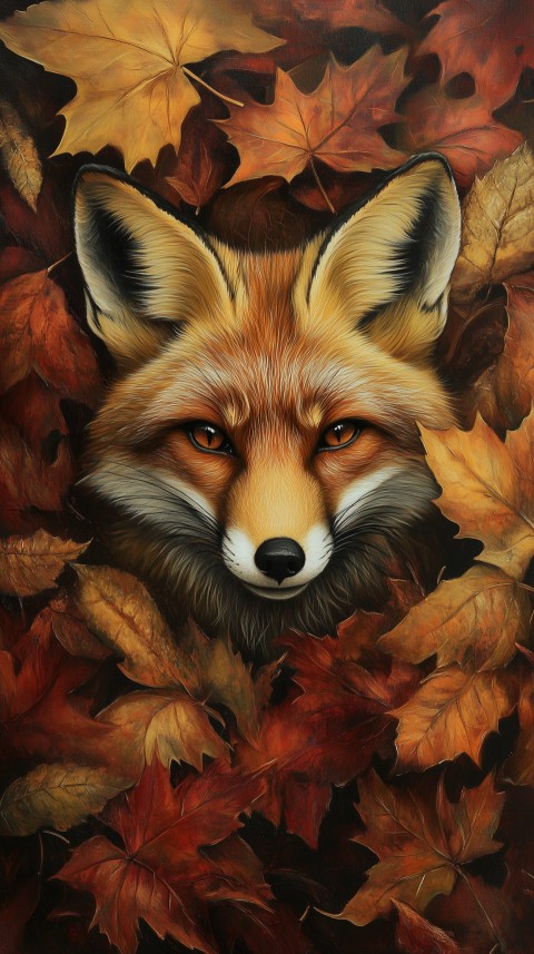 Fox in Autumn Leaves, Watchful and Alert