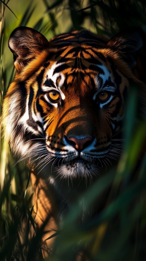 Tiger’s Intense Gaze Through Tall Grass