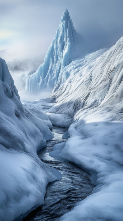 Ice-Covered Mountain in Misty Tundra