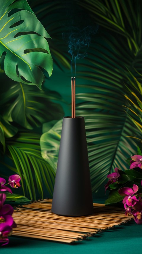 Matte Black Incense Holder with Tropical Foliage