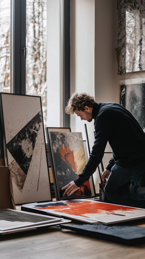 Curator Arranging Artworks for Exhibit