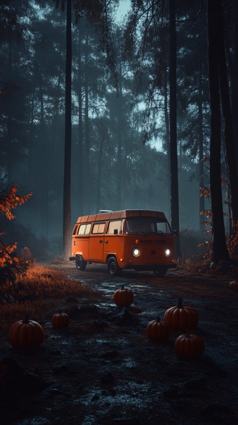 Orange Camper Van in Spooky Forest