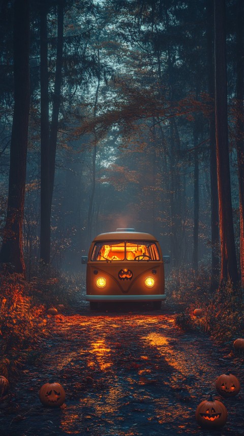 Orange Camper Van in a Spooky Forest