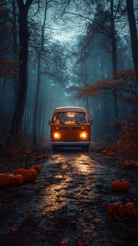 Orange Camper Van in Spooky Forest at Night