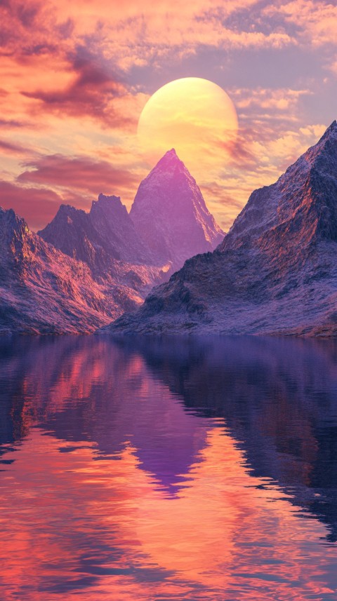 Holographic Mountains Against a Vibrant Sunset