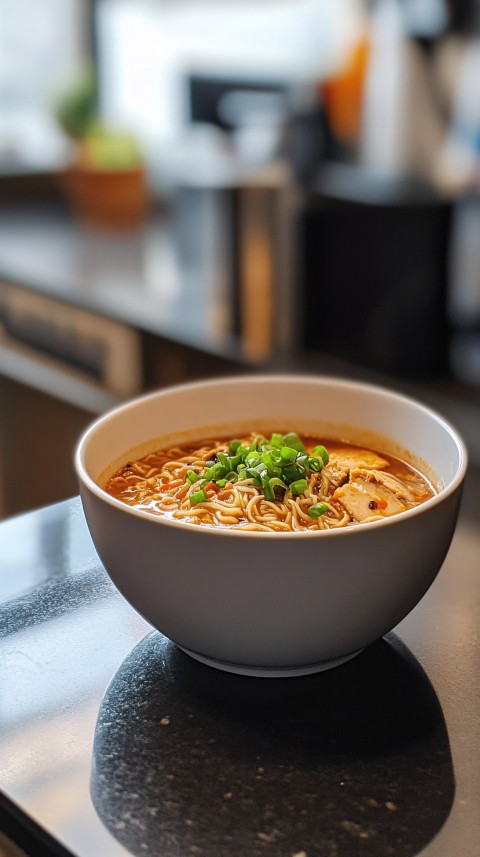 Noodles and Soup in a White Bowl