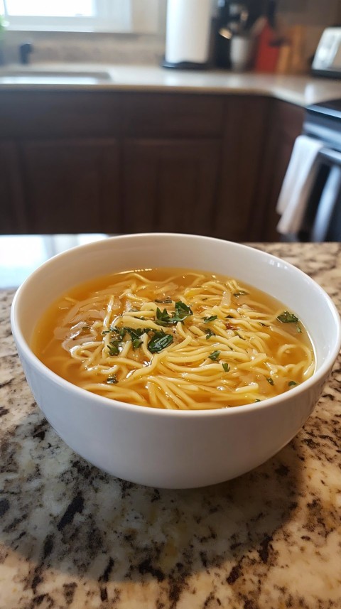 Noodles and Soup in a White Bowl