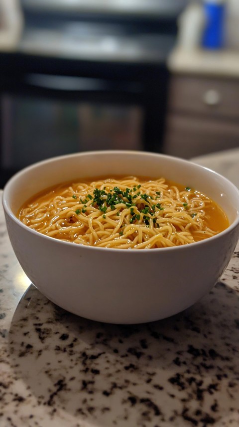 Noodles and Soup in a White Bowl