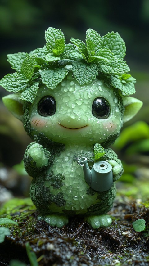 Charming Mint Creature with Watering Can