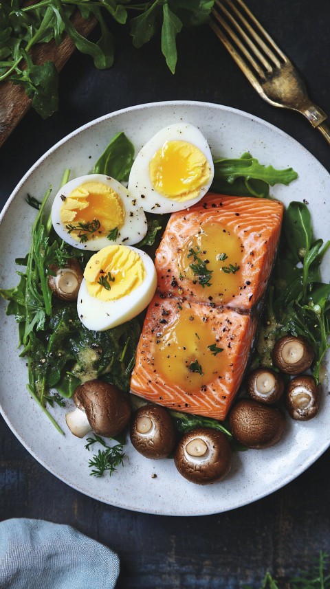 Healthy Meal: Salmon, Eggs, and Mushrooms