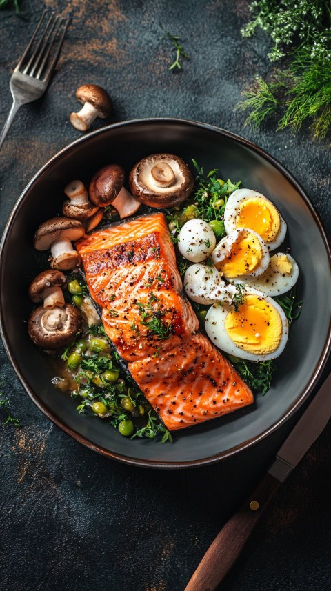 Nutritious Meal: Salmon, Eggs, and Mushrooms