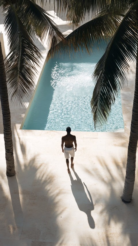 Man Walking by the Poolside with Palms