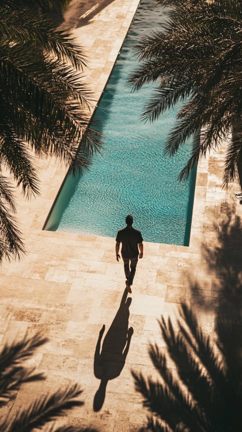 Man Walking by the Pool with Palms