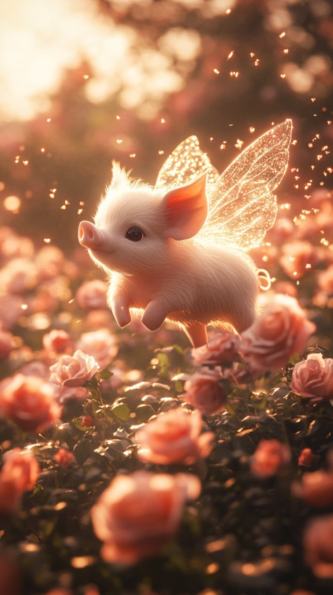 Adorable Fairy Piglet Flying Over Roses