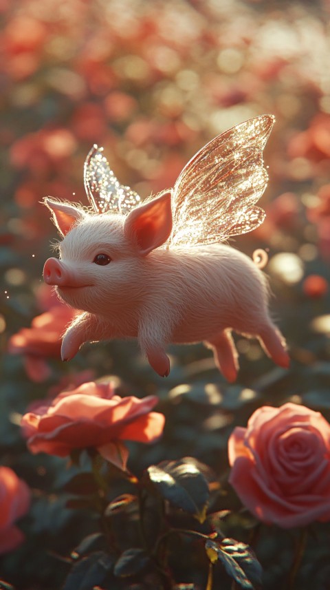 Fairy Piglet Flying Over Blooming Roses