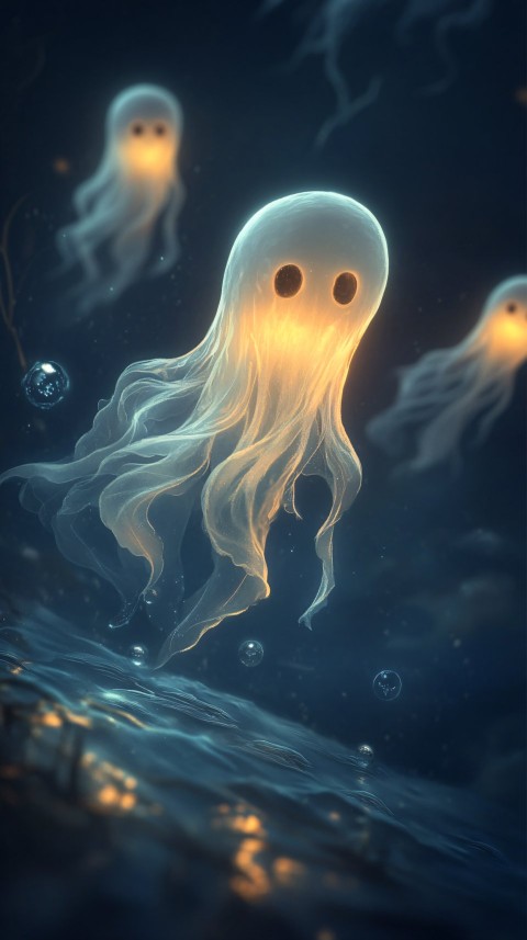 Whimsical Halloween Ghosts in Dark Ocean