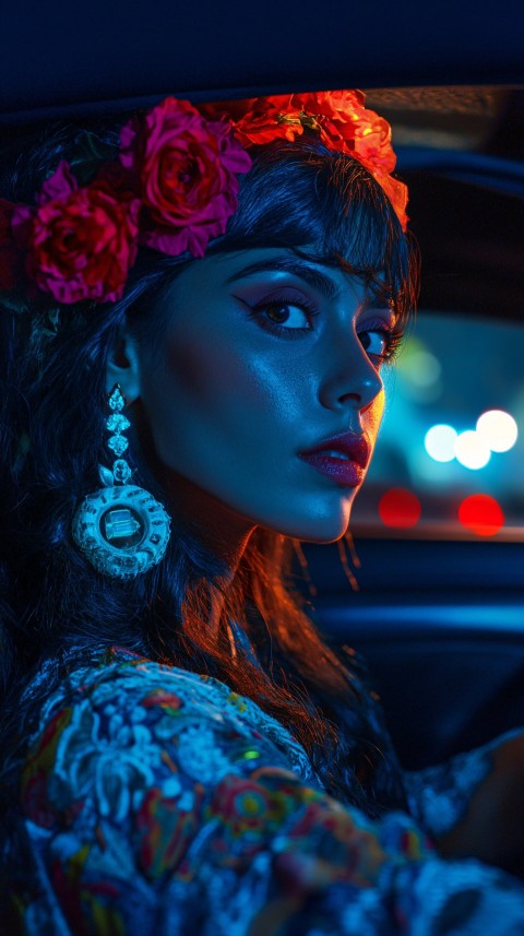 Catrina Driving a Car Under Blue Light