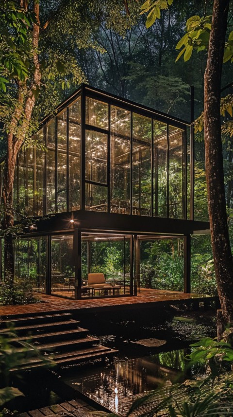 Glass House Among Trees in Humid Night